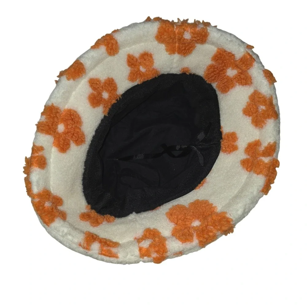 Fuzzy Bucket Hat Orange Floral White‎ Plush Sherpa Winter Warm